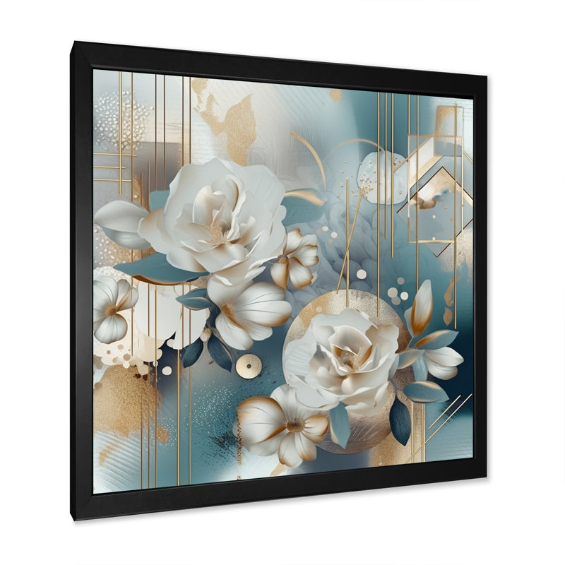 Marbre doré bleu, motif floral IV - impression, H 36 po x l 36 po x P 1,5 po, Cadre photo noir