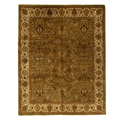 Tapis vert clair et ivoire noué à la main de haute qualité