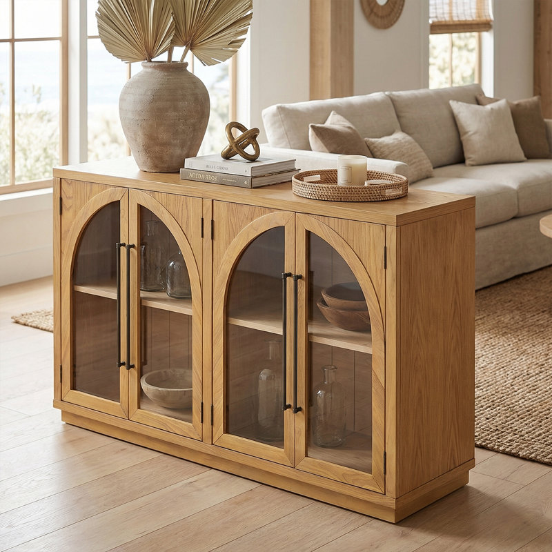 Large Storage Sideboard With Glass Doors And Unique Arched Design For Dining Room, Brown;Yellow