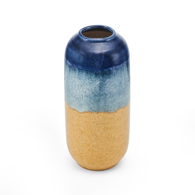 Blue and Tan Round Ceramic Table Vase