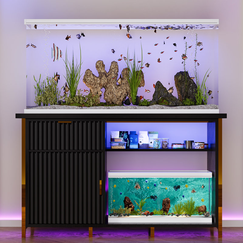 Helge 55-75 Gallon Fish Tank Stand with ED Light, Heavy Duty Aquarium Stand, Black