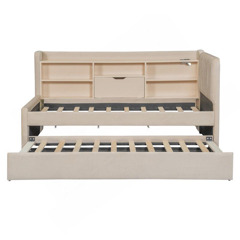 Lit de jour simple rembourré avec lit gigogne, tablettes de rangement, port USB et prise de courant (beige)