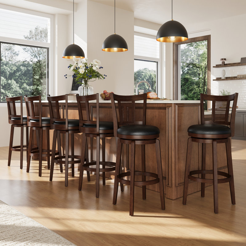 Avis 30" Traditional Bar Stool with Faux Leather Swivel Seat and Rattan Back Rubber Wood Frame (Set of 6), 6