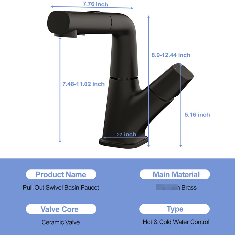 Three - Mode Pull Down Sink Faucet For Bathroom, Matte Black Finish, 360 Swivel, Complete Accessories Stainless Steel Bathroom Sink, Water Patterns, Adjustable Height, Cold/Hot