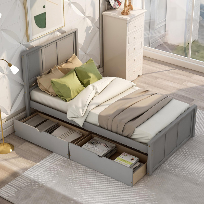 Cadre de lit plateforme avec 2 tiroirs et roulettes, Gris