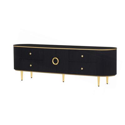 Meuble télé moderne pour téléviseur de 80 po ou moins, centre de divertissement avec 4 tiroirs et 1 armoire, console en bois avec pieds et poignées en métal pour le salon