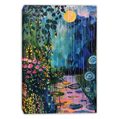 Moonlit Garden Rain Wrapped Canvas Wall Art