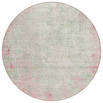 8' Pink And Ivory Round Abstract Washable Indoor Outdoor Area Rug