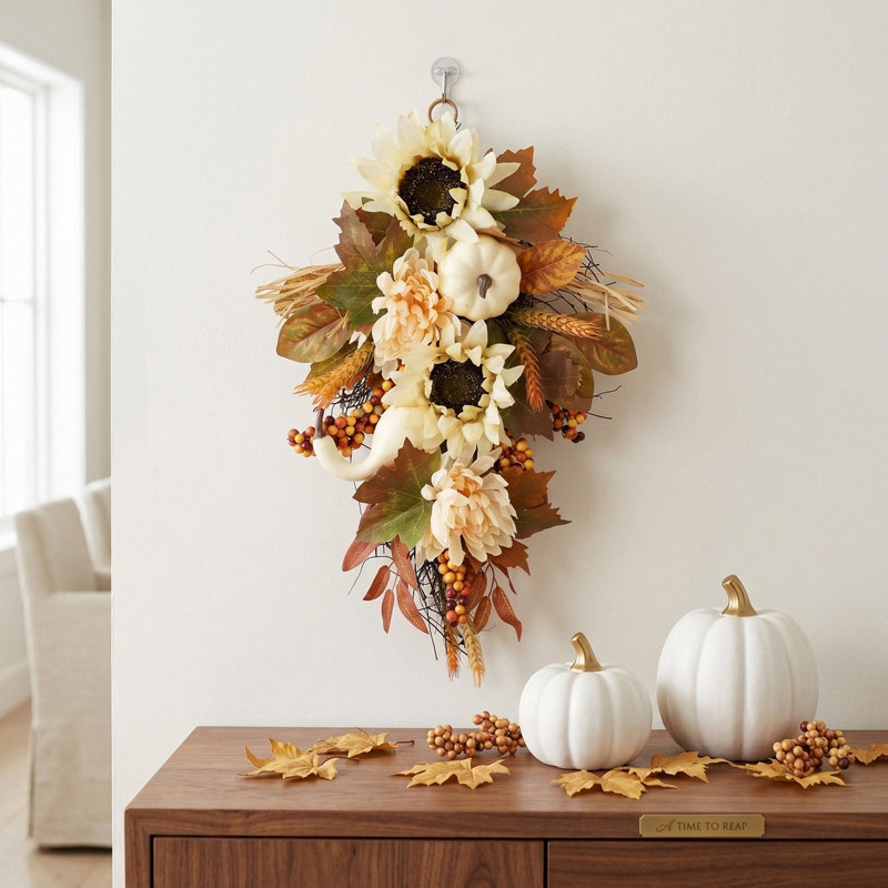 Artificia Fall Teardrop Swag 19,7 "Autumn Swag Sunflowers Pumpkins Dahlias Berries