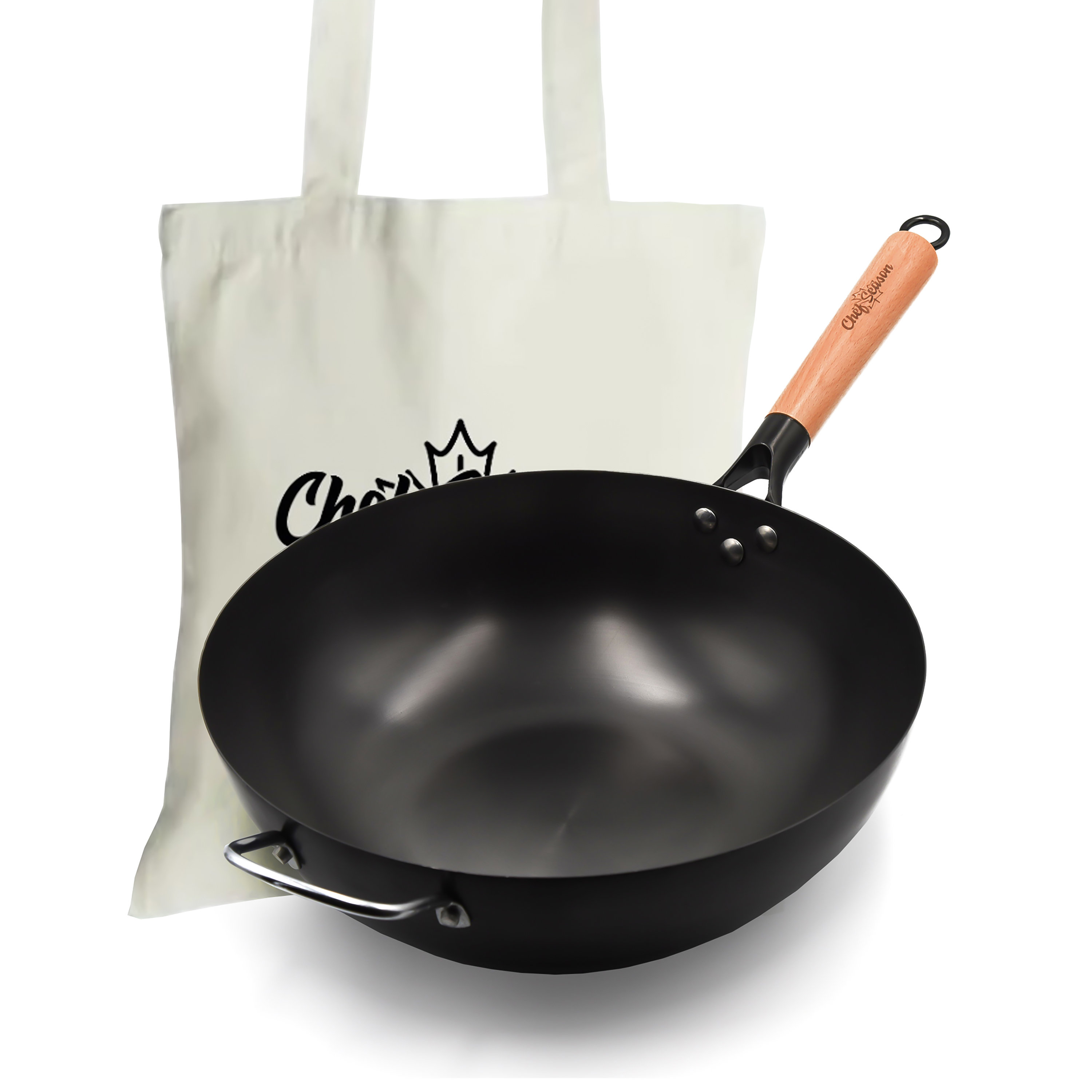 ChefSeason Carbon Steel Wok, Flat Bottom, 100% Coating Free, Pre-Seasoned, Free Tote Bag Size: 5 H x 21.5 L x 13.4 W CS-NCF-F-34