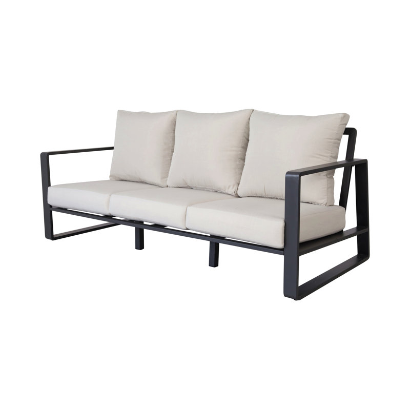 Canapé pour trois personnes + table basse rectangulaire, coussins brun clair, Marron clair