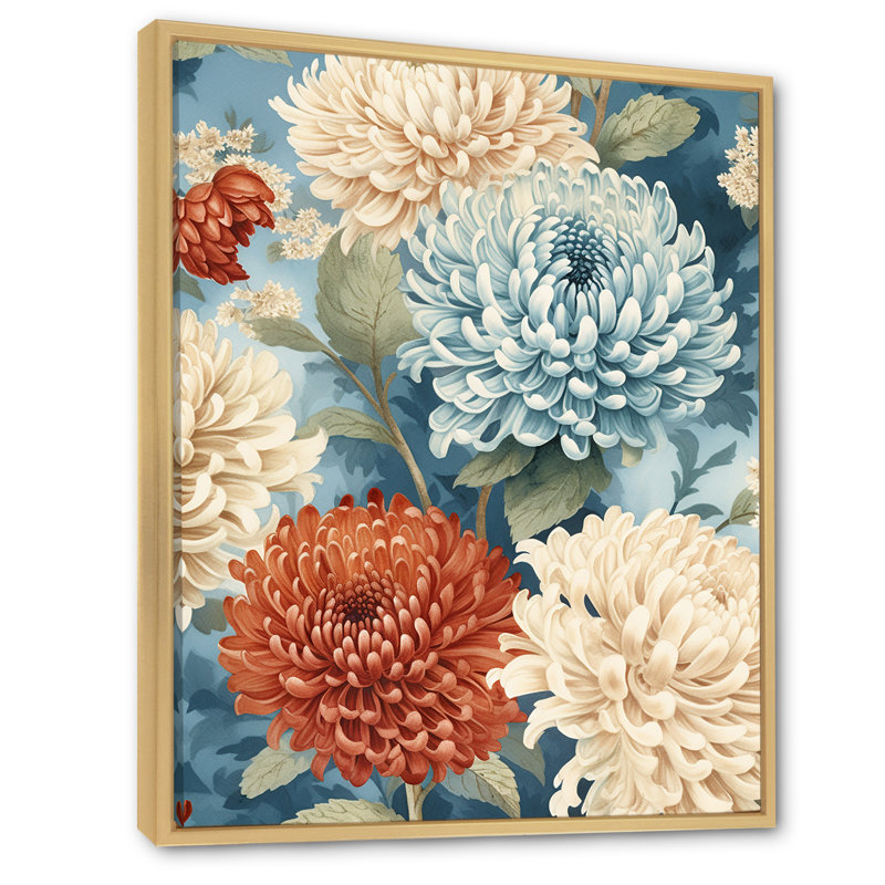 " White And Blue Chrysanthemums Symphony ", Natural Floater Framed, 40" H x 30" W x 1.5" D