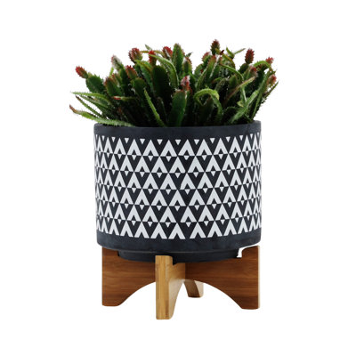 Ceramic 8" Aztec Planter On Wooden Stand