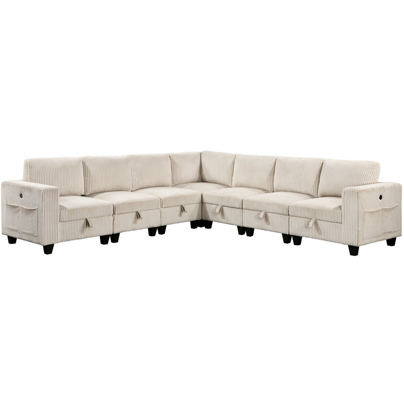 7 Sectional With Beige Corduroy, Charging Ports And Removable Seat Cushions Corduroy 7 Seats, Solid Wood Hidden Storage Options