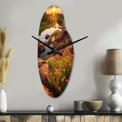 Corwyn Oklahoma Wichita Mountains Sunset - Green Asymmetrical Metal Wall Clock, Modern Curved Wall Clock Print