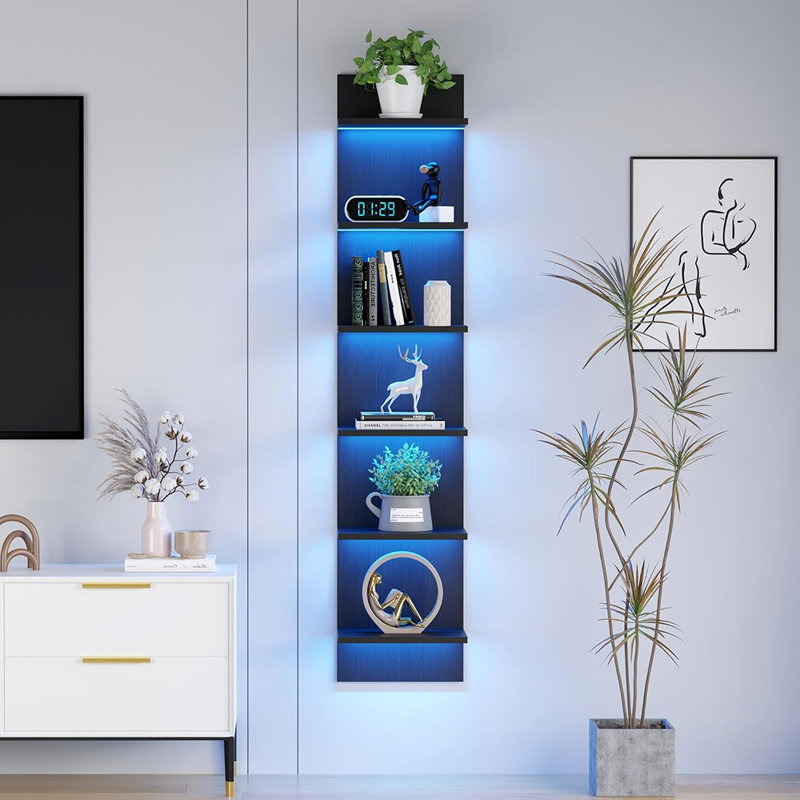 6 Tier Wall Shelf Unit With LED Light, Display Floating Storage Home Decor Organizer Shelves For Bedroom Living Room, Black