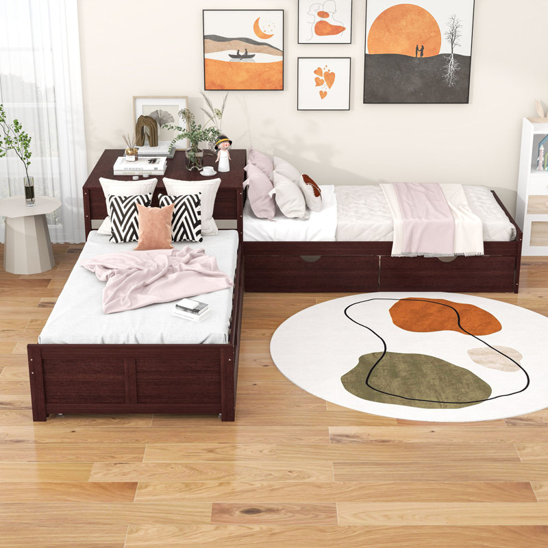 Lits plateforme simples en L à 2 tiroirs avec lit gigogne et table intégrée, Espresso