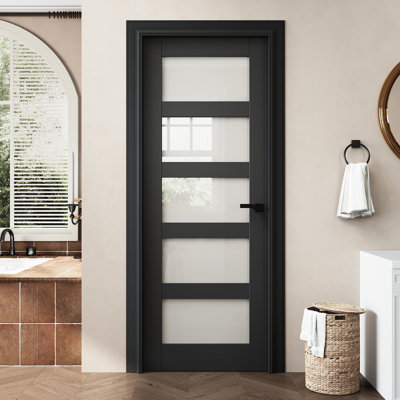 Dalle de porte intérieure en verre givré noir 24 po x 80 po 5-Lite 24 po x 80 po, comme porte pré-suspendue ou porte de grange ou porte de poche ou porte française ou dalle de porte coulissante pour garde-manger, buanderie, chambre à coucher, insonorisée et imperméable, panneau de porte sans trou ou Charnières