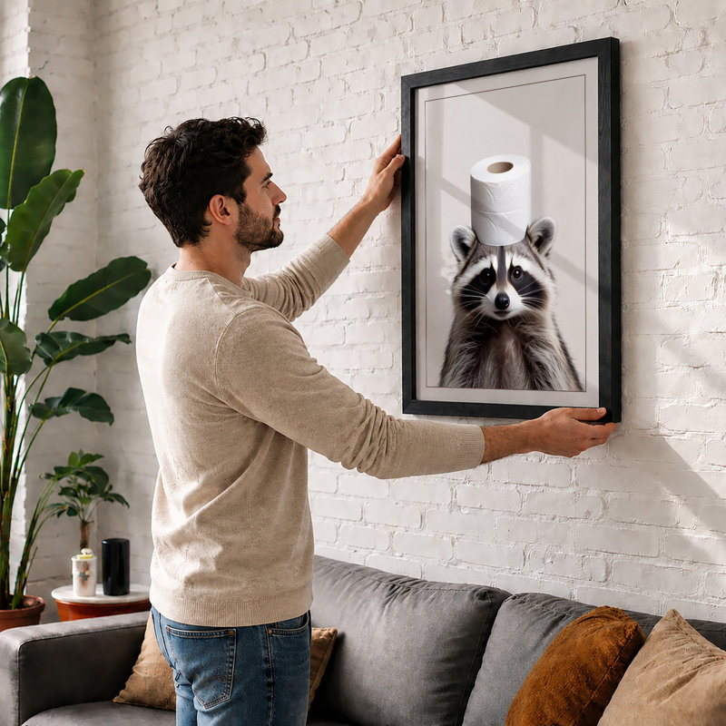 Raccoon with Toilet Paper Modern - Framed Print, Unframed, A1 - 84.1 x 59.4 cm