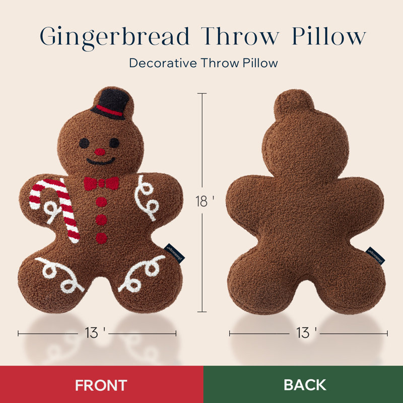 Phantoscope Christmas Series Gingerbread Man Shaped Decorative Pillow, 19" X 13", Dark Coffee, Pack Of 1