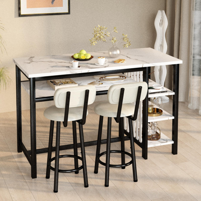 Modern 3-Piece Bar Table Set with PU Cushion Stools & 3-Tier Storage, Black/White