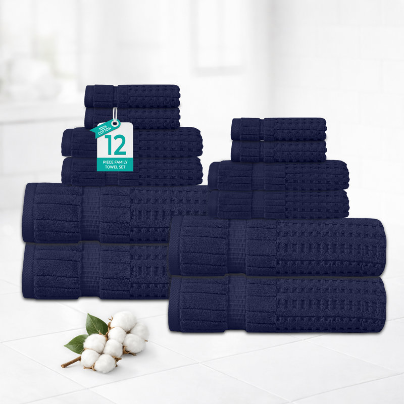 Ensemble de serviettes 12 pièces Willow - 100% coton peigné, qualité supérieure 630 g / m², bleu marine, ultra-doux et très absorbant (ensemble de 4 serviettes de bain, 4 essuie-mains, 4 serviettes de toilette)