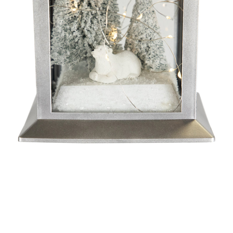 LED Lighted Polar Bear And Flocked Trees Christmas Lantern - 11"