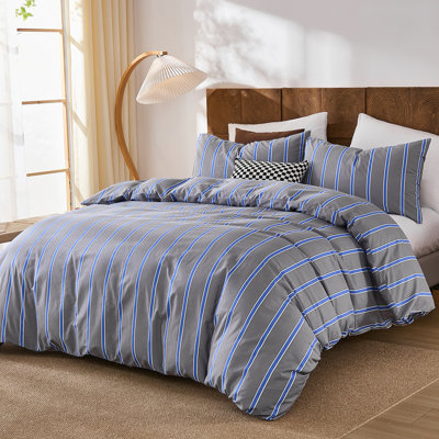 Ensemble d'édredon 100% coton à rayures bleues et grises avec ensemble de literie 3 pièces
