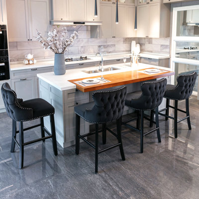 Contemporary Velvet Upholstered Wing-Back Barstools With Button Tufted Decoration And Wooden Legs Leisure Style Bar Chairs,Bar Stools
