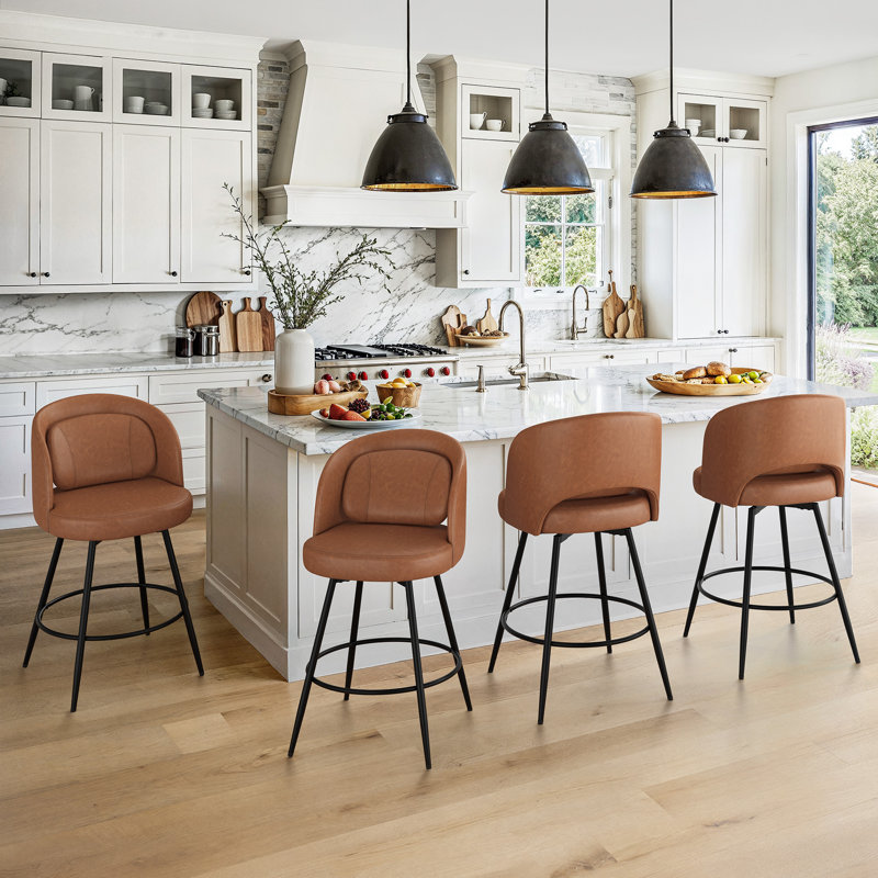 26" H Swivel Counter Stool with Metal Frame, Brown/Faux Leather, 4