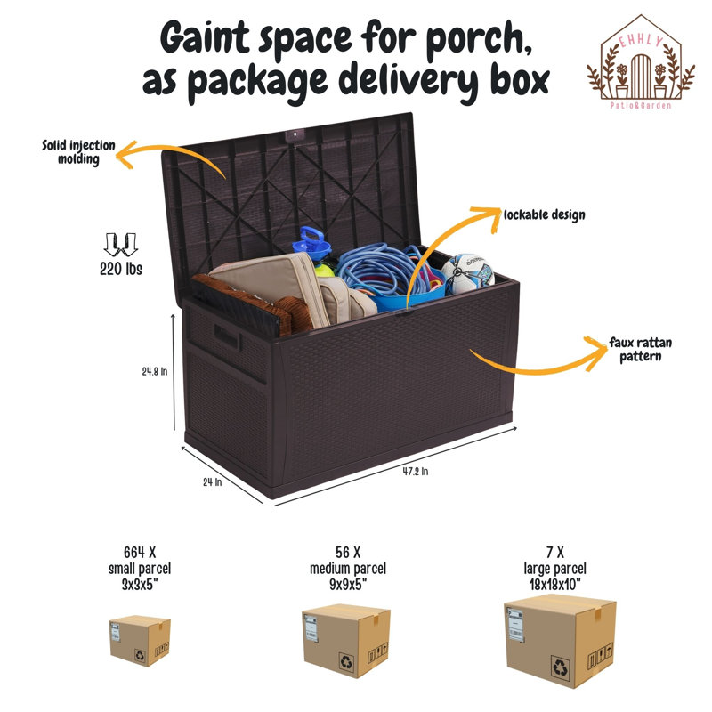 Boîte de rangement pour l'extérieur EHHLY 121 gallons, grands contenants de rangement extérieurs verrouillables, Brun