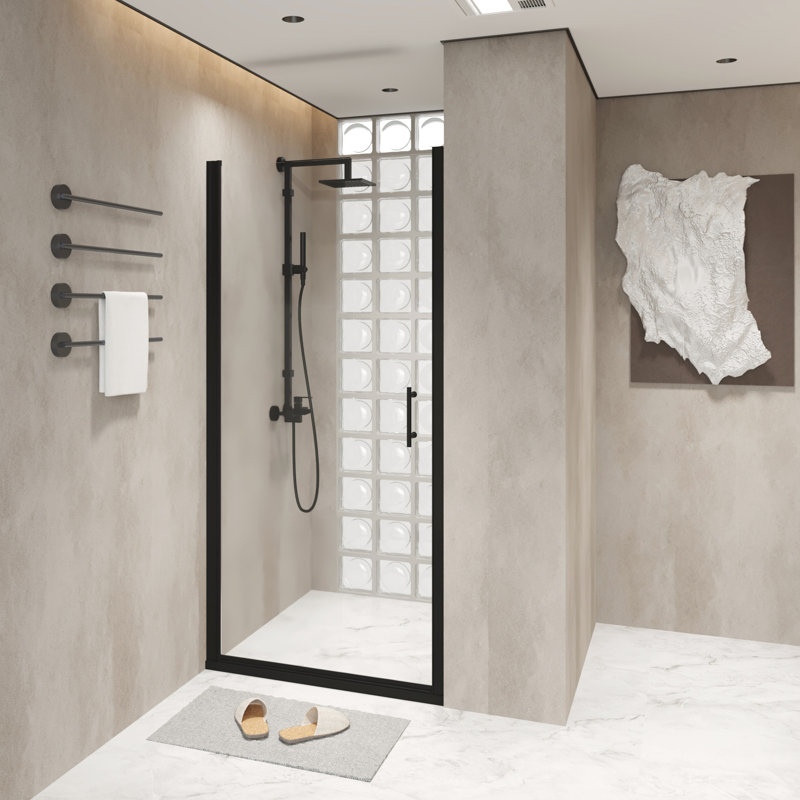 Porte de douche pivotante en verre trempé de 6 mm avec corrosion légère - cadre en aluminium noir mat et capacité de blocage de l'eau