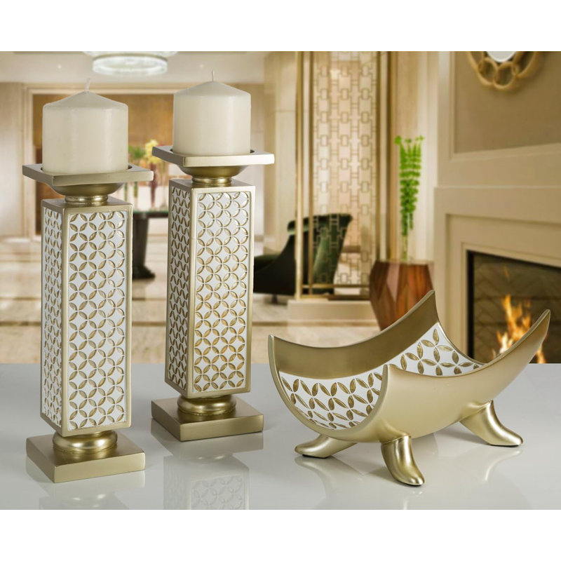 Decorative Pillar Candle Holders, Set Of 2- Functional Table Decorations- Centerpieces For Dining/Living Room(Gold & White)
