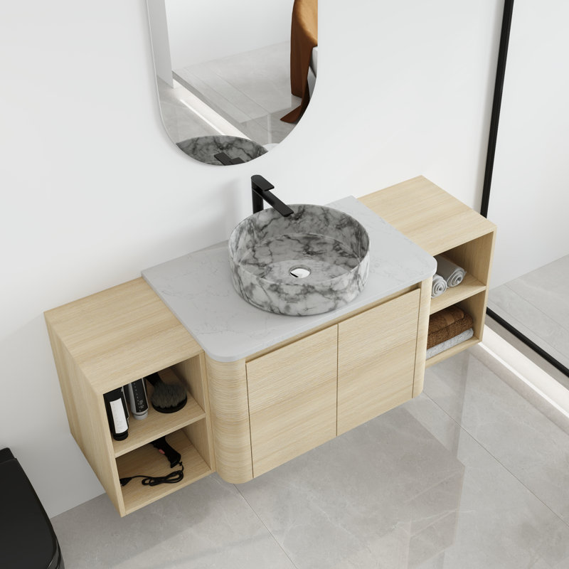 Ensemble de meuble-lavabo simple mural 54 po avec lavabo en céramique et tablettes Greythor, ensemble de meuble-lavabo simple 54 po avec plateau en pierre reconstituée