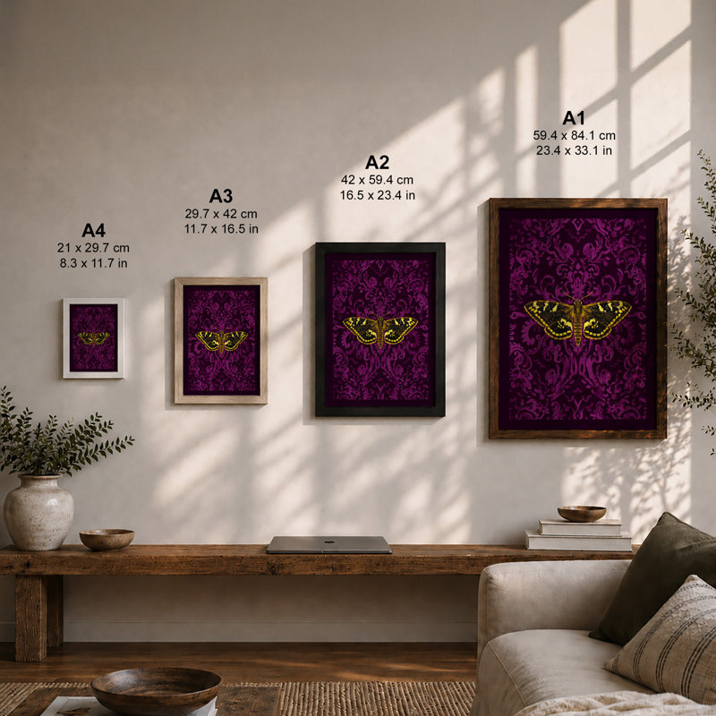 Butterfly on Damask Maximalist - Framed Print, A2 - 59.4 x 42.0 cm, Unframed