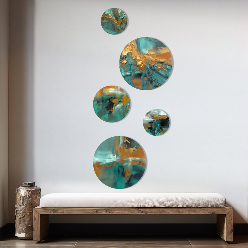 Teal and Gold Abstract Round Metal Wall Art Set