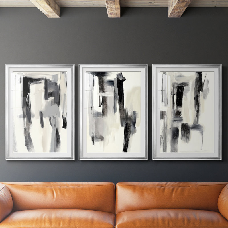 ABSTRACT Series DCC-III - Impression encadrée sur mesure de qualité supérieure - 3 pièces, Argent argent, H 30 po x l 63 po