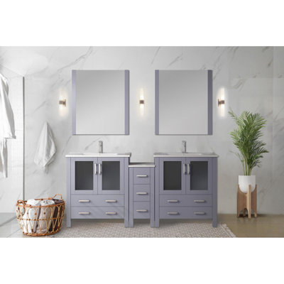 72 In. W Dark Grey Double Bath Vanity With Side Cabinet, White Ceramic Top, Faucet , Soft Close, 2 Interior Cabinets, 7 Drawers, Scratch & Stain Countertop, Stainless Steel Single Hole Bathroom Wide
