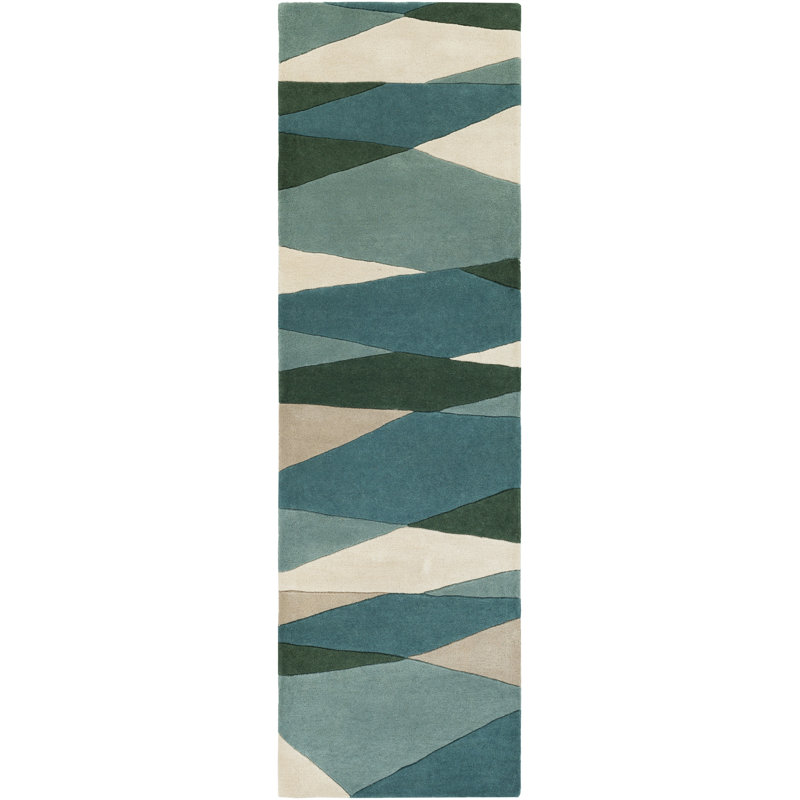 Tapis crème / vert foncé / bleu sarcelle touffeté à la main Ayeln, Tapis de couloir 2 pi 6 po x 8 pi