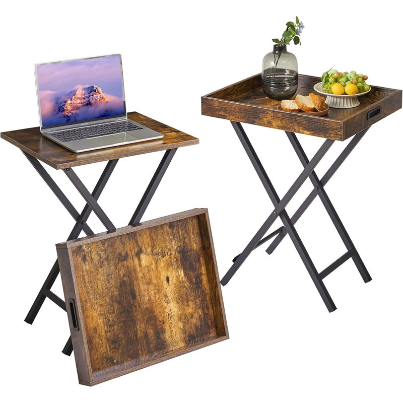 Ensemble de 2 plateaux de télévision pliables, table de bout avec plateau de service amovible, table de collation en bois portable
