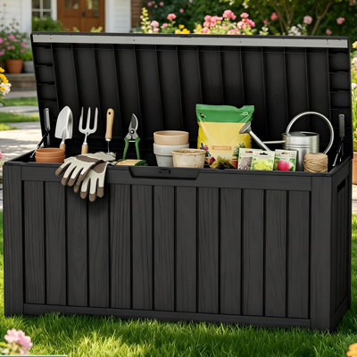 Coffre de terrasse en résine résistant à l'eau 95 gallons, coffre de rangement extérieur en résine résistant aux intempéries, grande capacité verrouillable, banc de rangement extérieur polyvalent