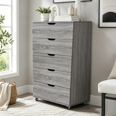 5 Drawer Dresser on Wheels Rustic Brown Rolling Chest of Drawers Mobile Storage Cabinet