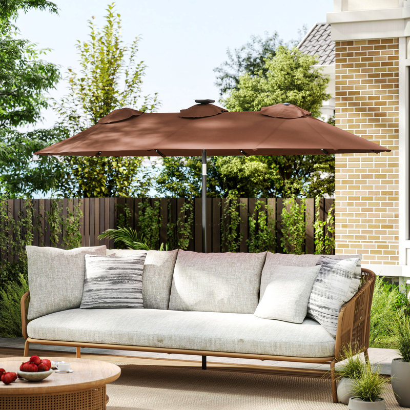 Parasol de patio double face Outsunny, grand parasol de marché extérieur de 9,7 pi avec lumière solaire à DEL, inclinable et manivelle, 3 bouches d'aération et 12 nervures pour le jardin, la terrasse, la piscine et le café