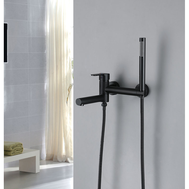 Solid Brass Wall Mounted Tub Faucet in Matte Black with Adjustable Tub Spout and Handheld Shower, Matte Black