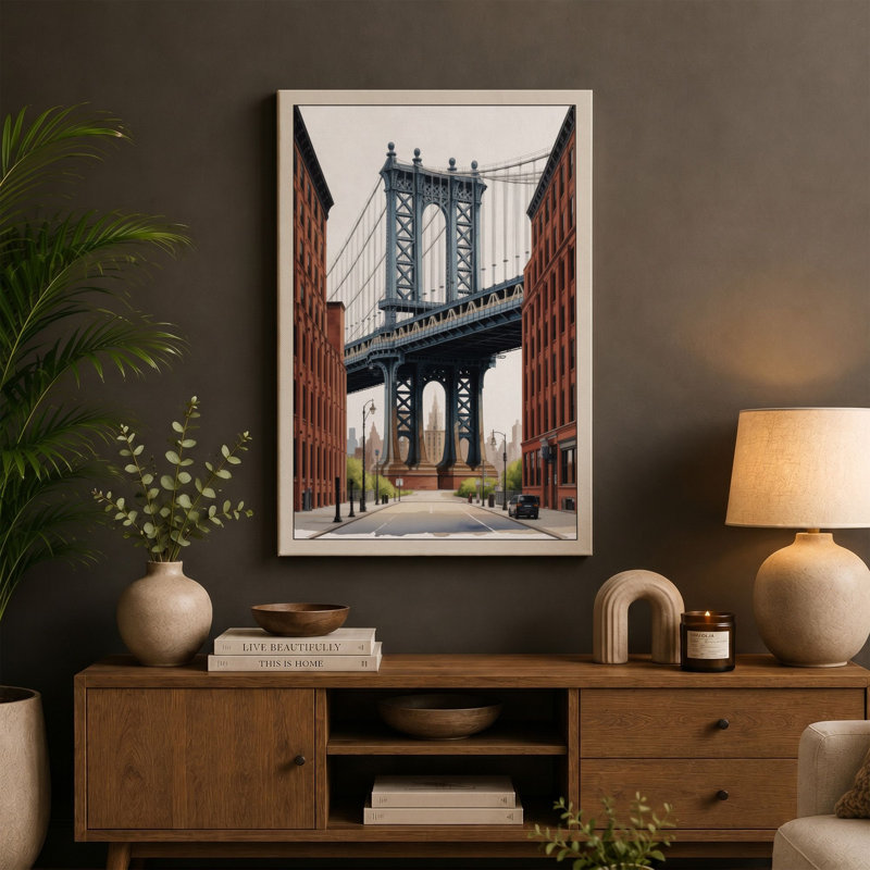 Manhattan Bridge Framed Industrial - Wrapped Canvas, 18x12 - 45.7 x 30.5 cm, Teal Border