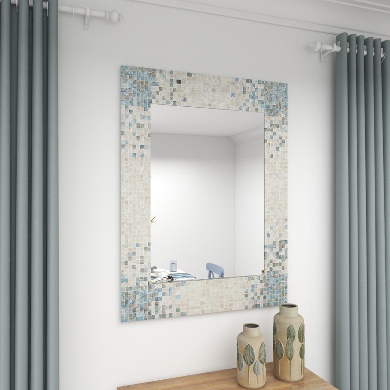 Mother of Pearl Shell Handmade Mosaic Room Wall Mirror with Blue Corners, 35.5"  x 47.75" 