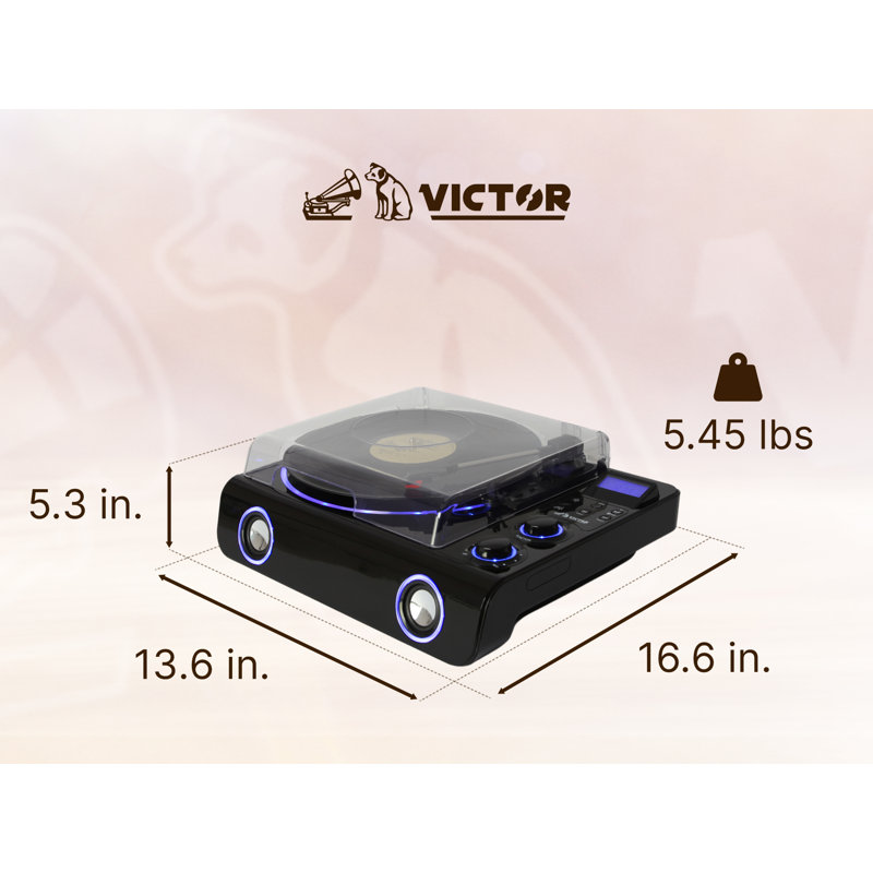 Système de tourne-disque Beacon 5-en-1 avec tourne-disque, Bluetooth, radio FM, haut-parleurs stéréo intégrés et éclairage d'appoint à DEL