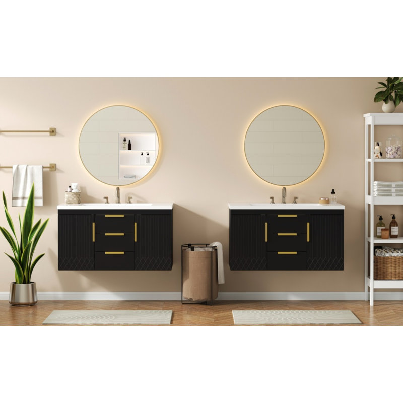 Meuble-lavabo flottant moderne en MDF au design élégant noir fixé au mur avec lavabo