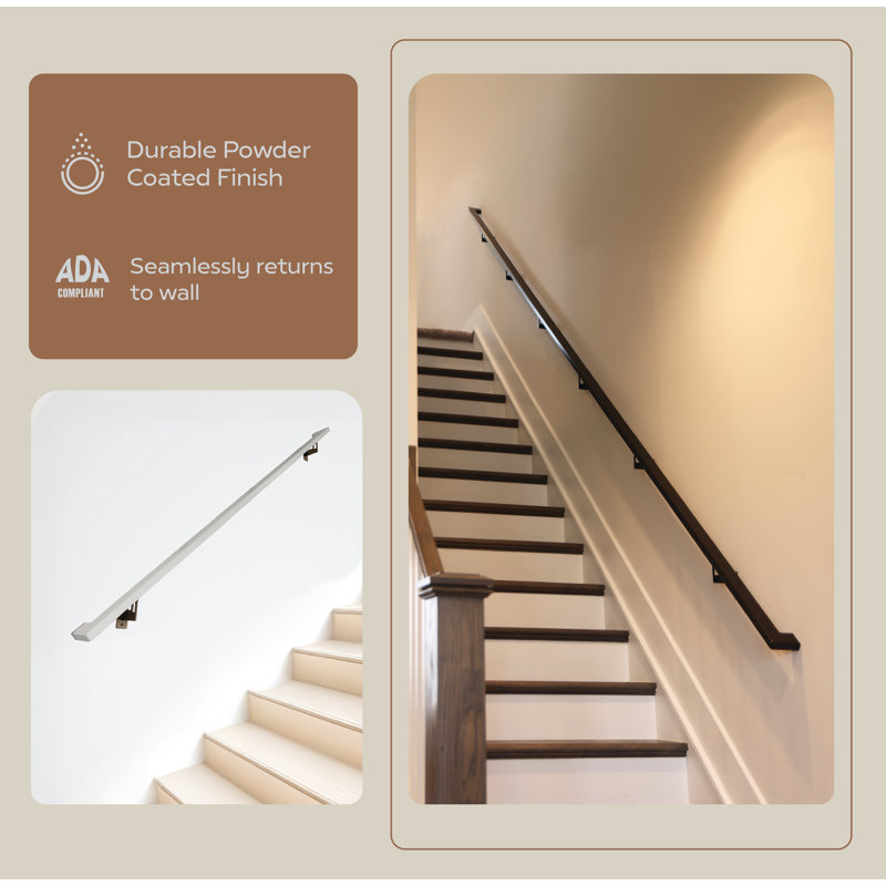 Modern Aluminum Handrail Grab Bar Kit, Adjustable Steel Brackets, Returns to Wall, Powder Coat, 5' W, Bronze / Black