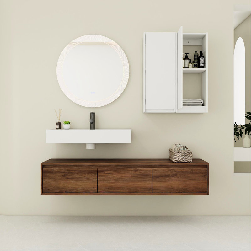 Meuble de salle de bain de 152 cm avec lavabo en résine, 3 tiroirs à fermeture amortie, 2 armoires latérales, fini ébène brun.